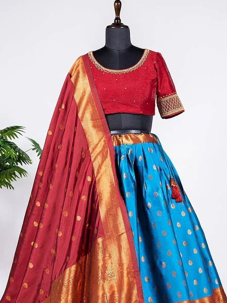 Red and blue designer lehenga choli with gold embroidery and dupatta, ethnic Indian wear