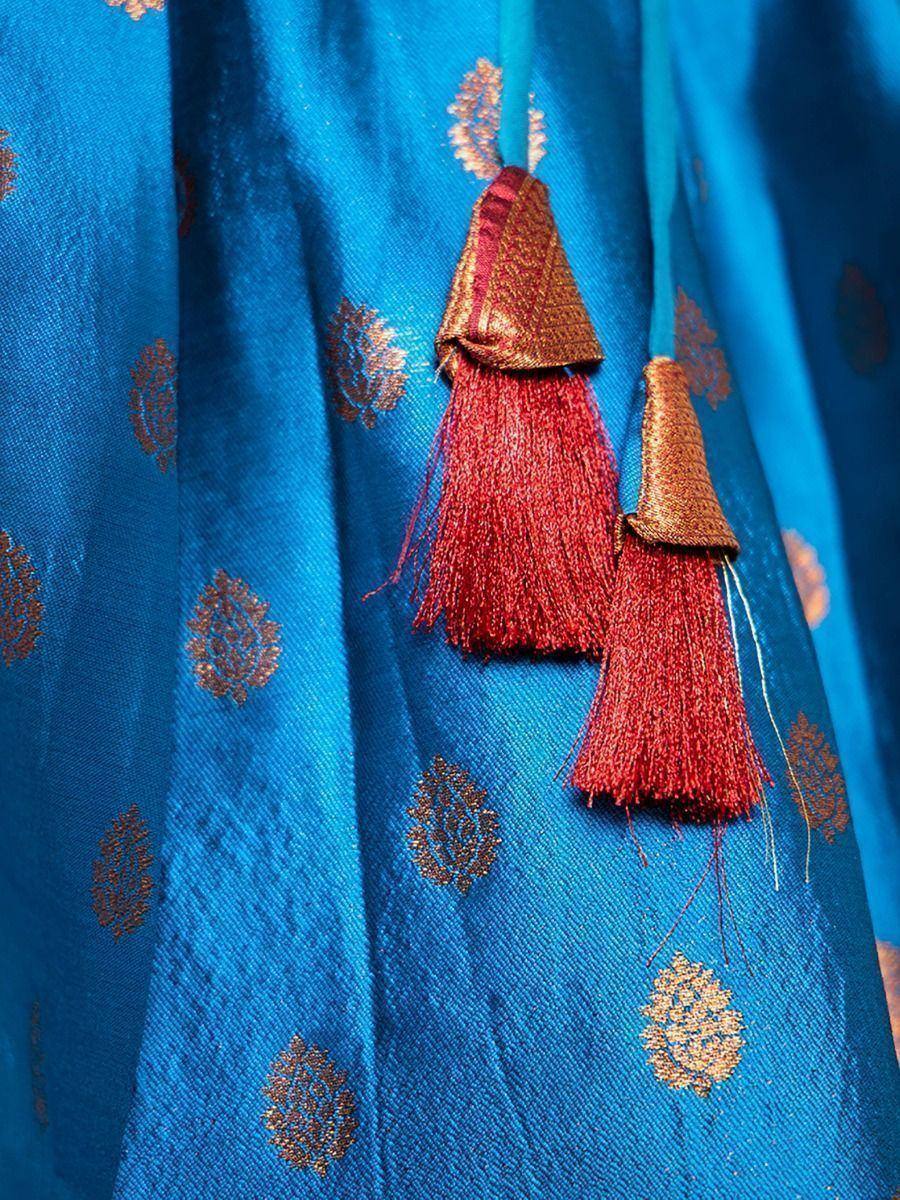 Blue ethnic saree with gold motifs and red tassels, perfect for Indian festive wear
