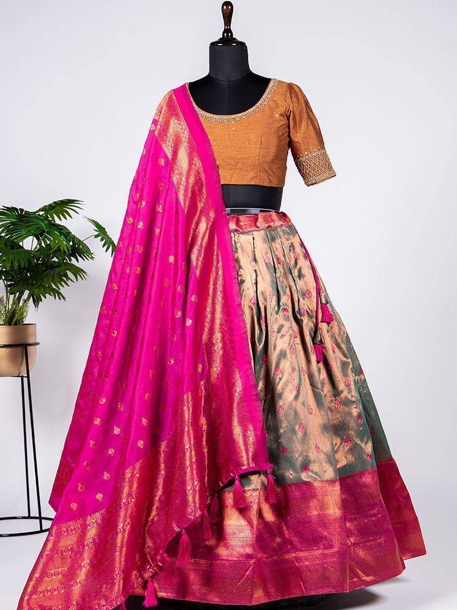 Pink and gold designer lehenga choli with embroidered dupatta, ethnic Indian wear for weddings