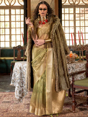 Adorable Green Printed Organza Festive Wear Saree With Blouse