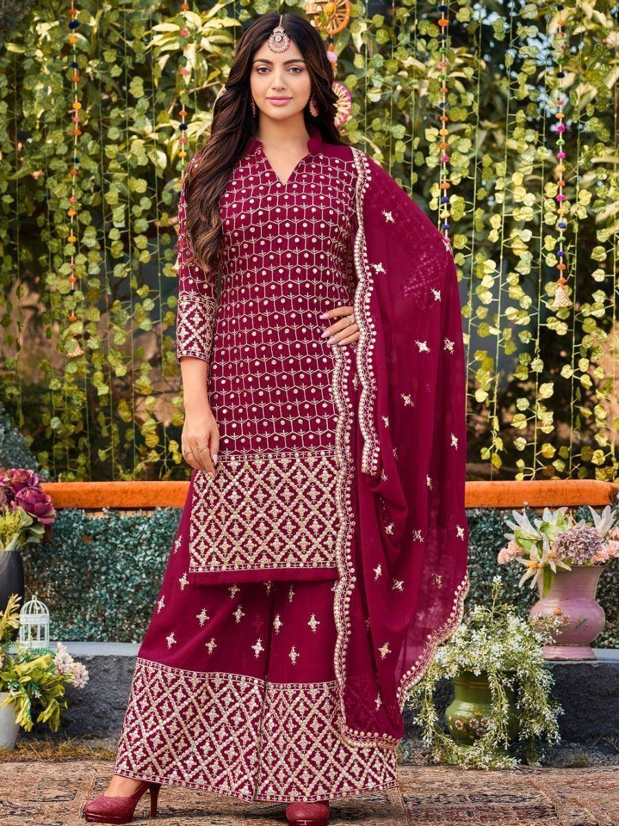 Maroon embroidered salwar kameez with dupatta, Indian ethnic wear for women