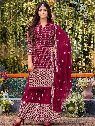 Beautiful Pink Embroidered Georgette Festive Palazzo Suit