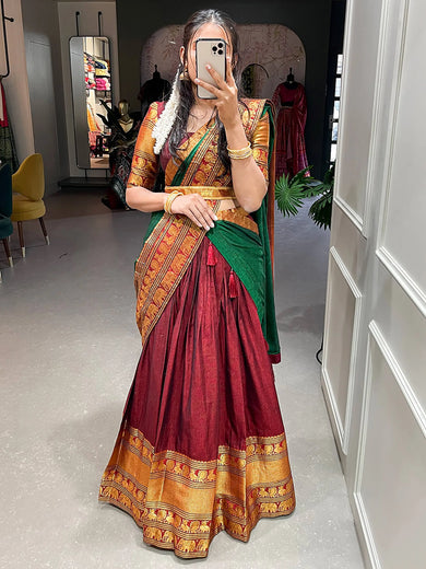 Gorgeous Maroon Cotton Zari Weaving Lehenga Choli With Dupatta