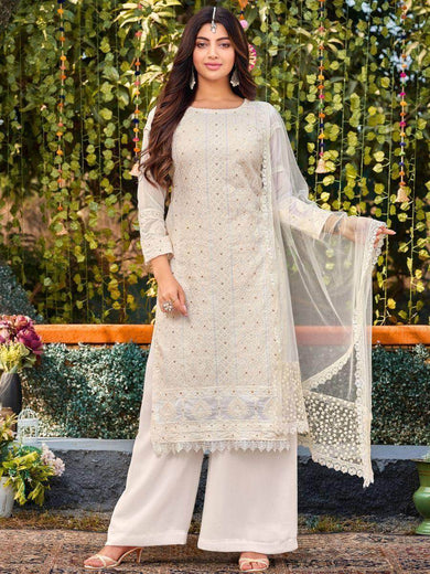 Stunning White Thread Embroidered Georgette Palazzo Suit