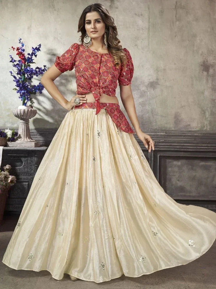 Red embroidered blouse with cream lehenga, Indian ethnic wear for weddings and festivals