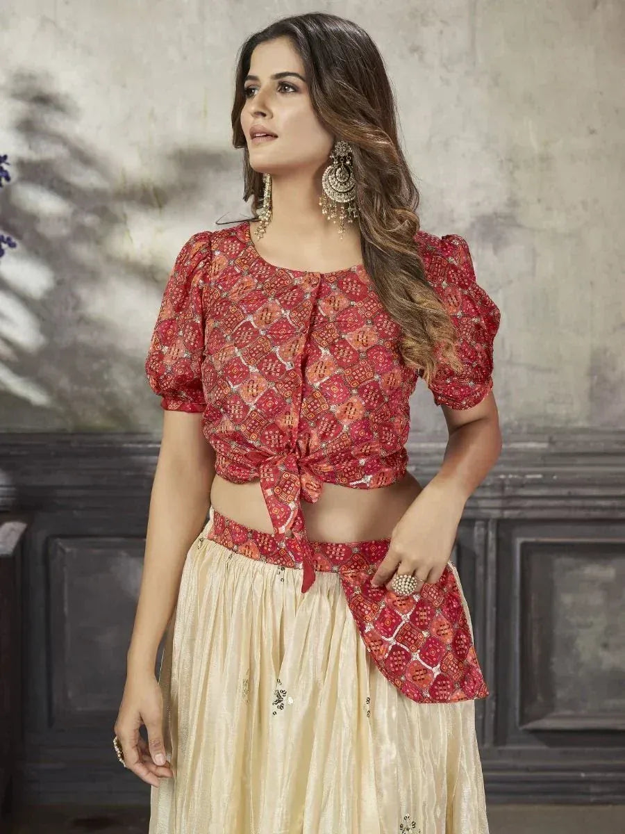 Red printed crop top with gold skirt, Indian ethnic wear for women