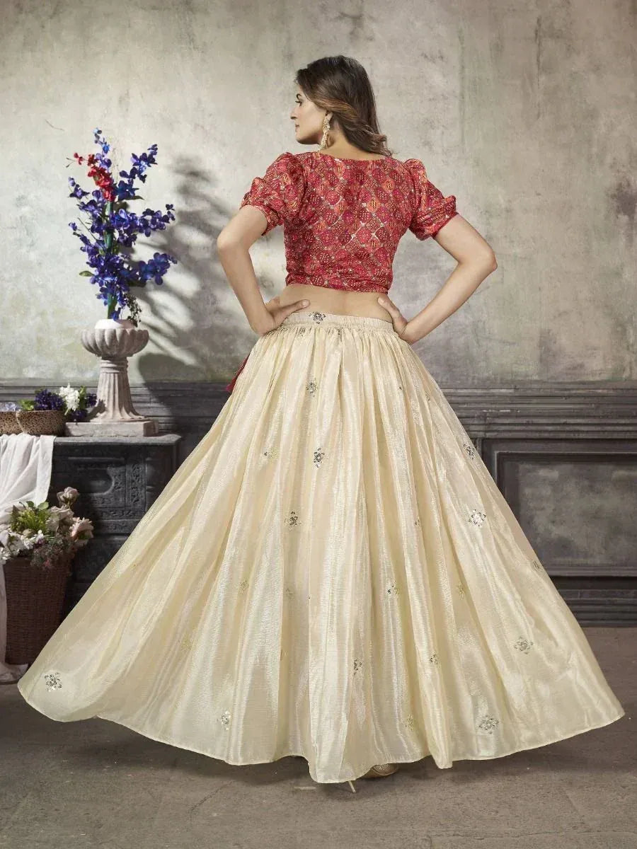Red embroidered crop top with cream lehenga skirt, Indian ethnic wear for women