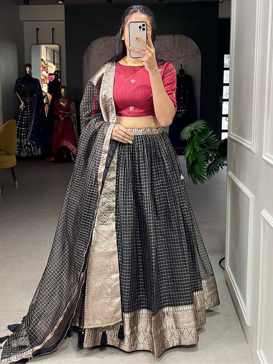 Black and gold checkered lehenga choli with red blouse, ethnic Indian wear for weddings and festivals
