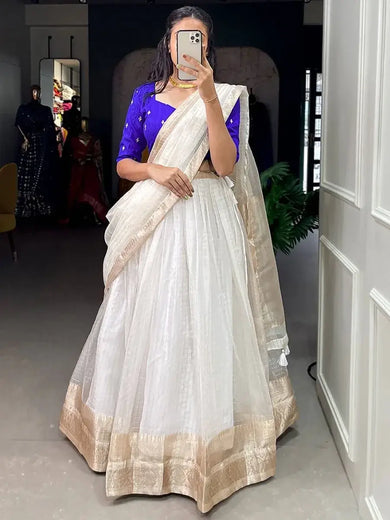 Engaging White Zari Weaving Organza Traditional lehenga Choli