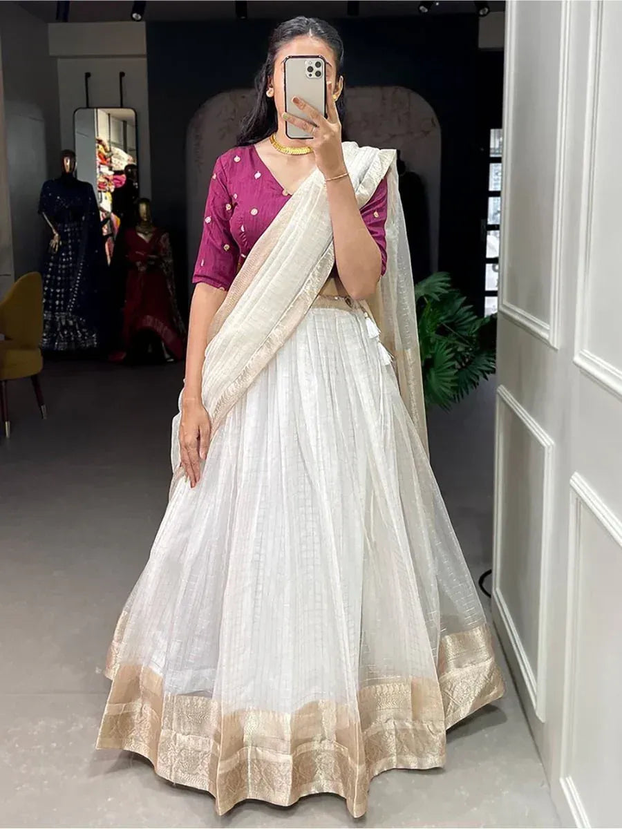 White lehenga with gold border and purple blouse, Indian ethnic wear for women