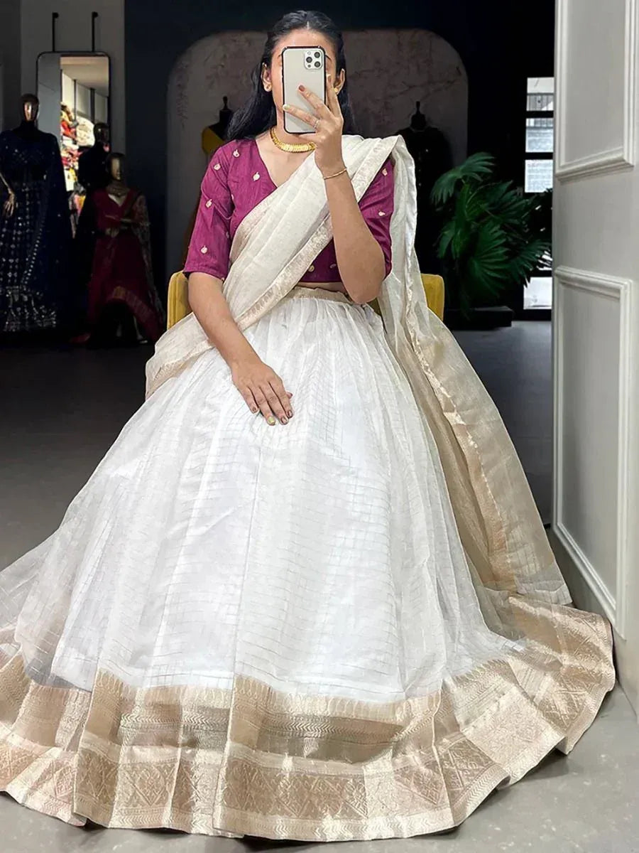 White lehenga with gold border and purple blouse, Indian ethnic wear for women