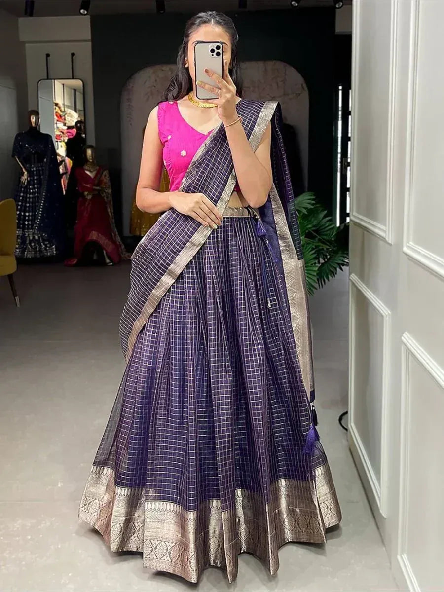 Purple checkered lehenga choli with gold border, pink blouse, ethnic Indian wear for women