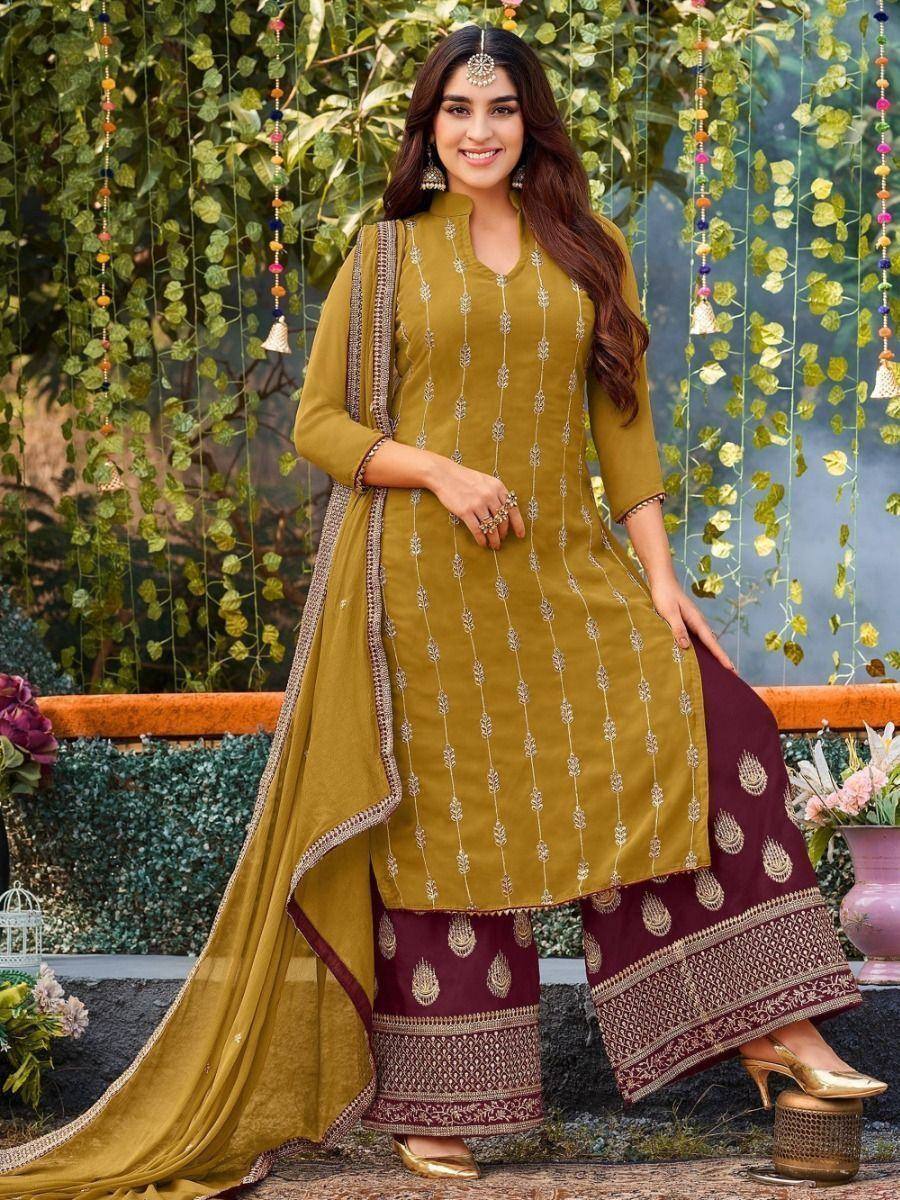Olive green embroidered kurta with maroon palazzo and dupatta, Indian ethnic wear for women