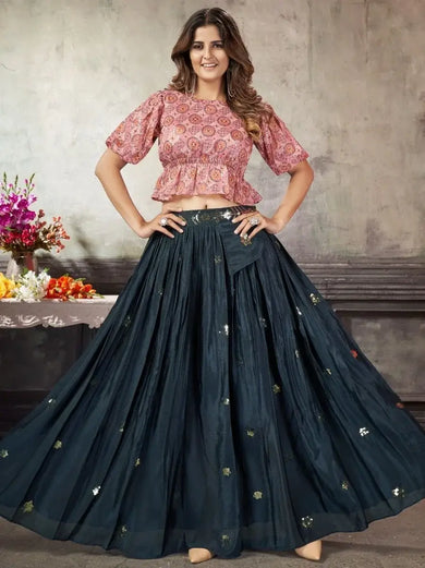 Stunning Navy Blue Sequined Silk Ready-to-wear Lehenga Choli