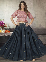 Stunning Navy Blue Sequined Silk Ready-to-wear Lehenga Choli