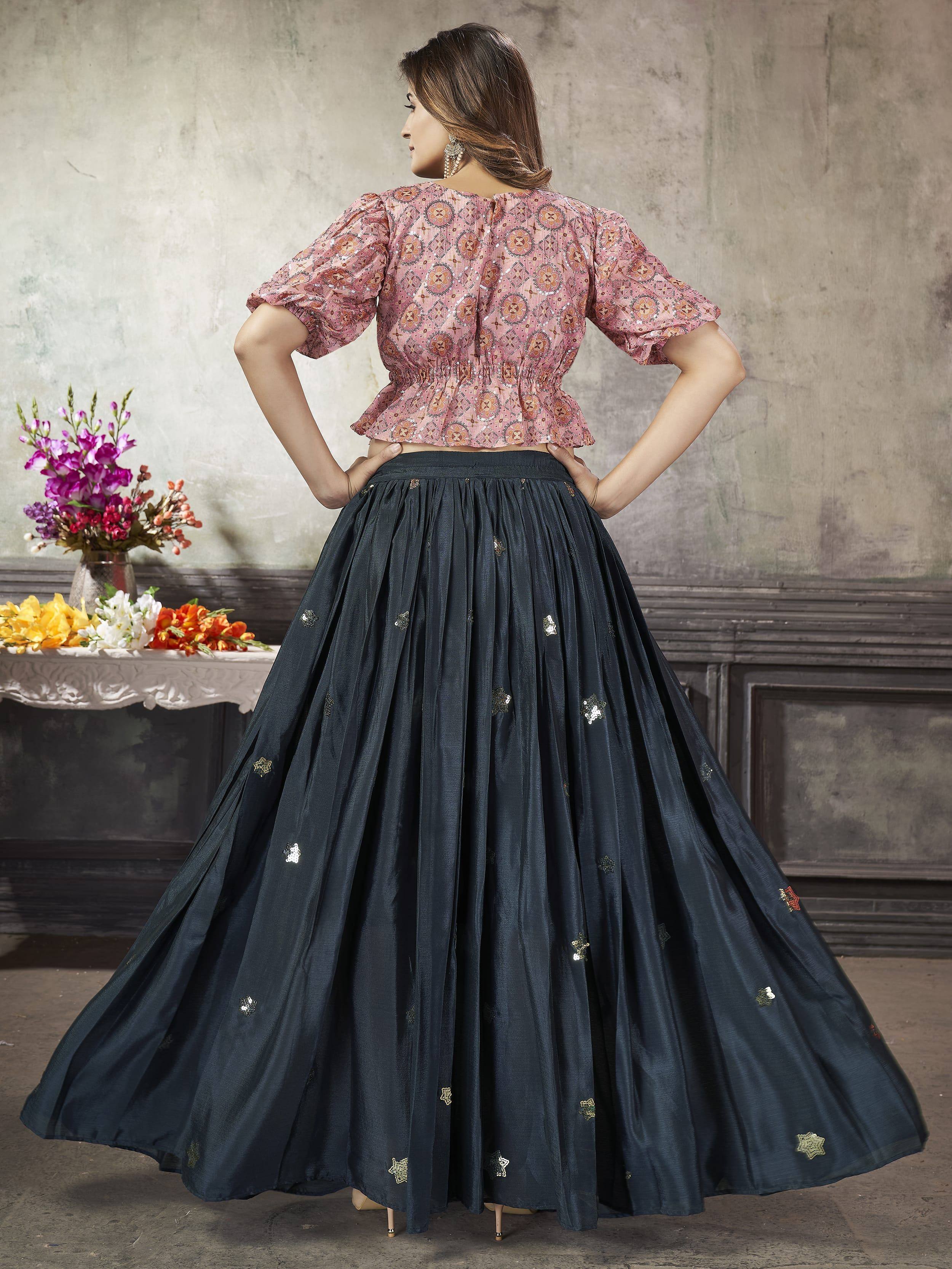Stunning Navy Blue Sequined Silk Ready-to-wear Lehenga Choli