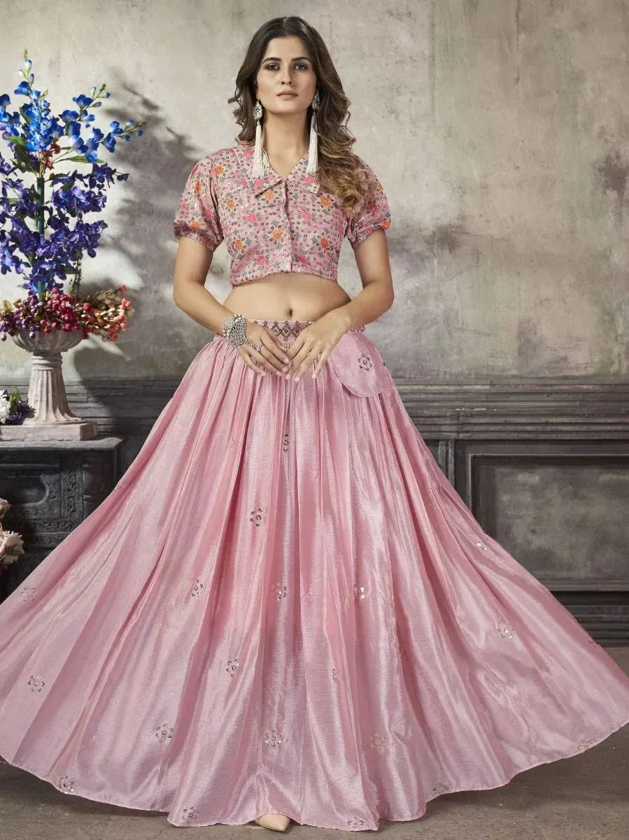 Pink floral lehenga choli with embroidered skirt, perfect for Indian ethnic wear and festive occasions