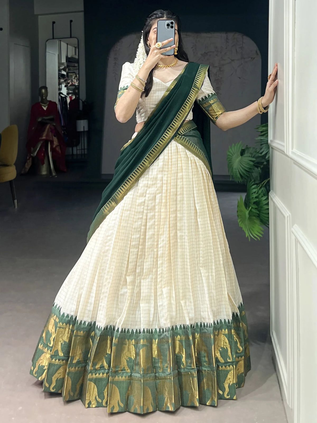 Glorious Bottle Green Zari Weaving Cotton Traditional Half Saree Lehenga
