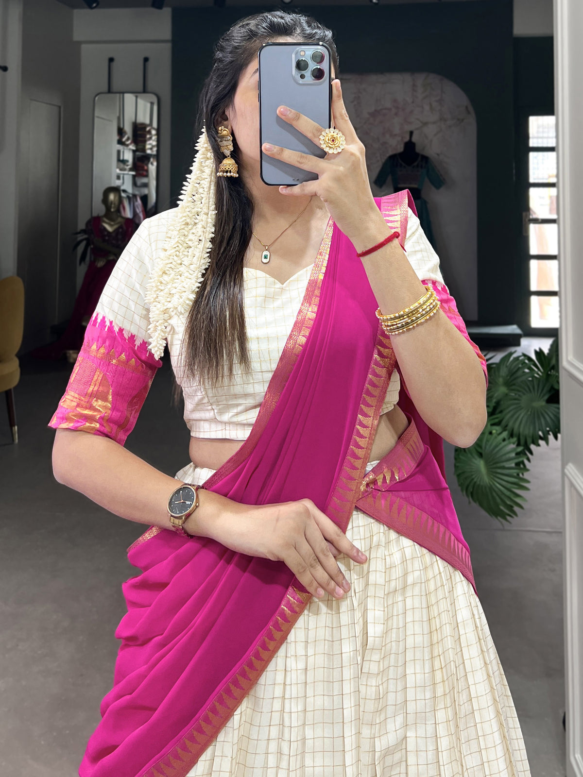 Captivating Rani Pink Zari Weaving Cotton Half Saree Lehenga