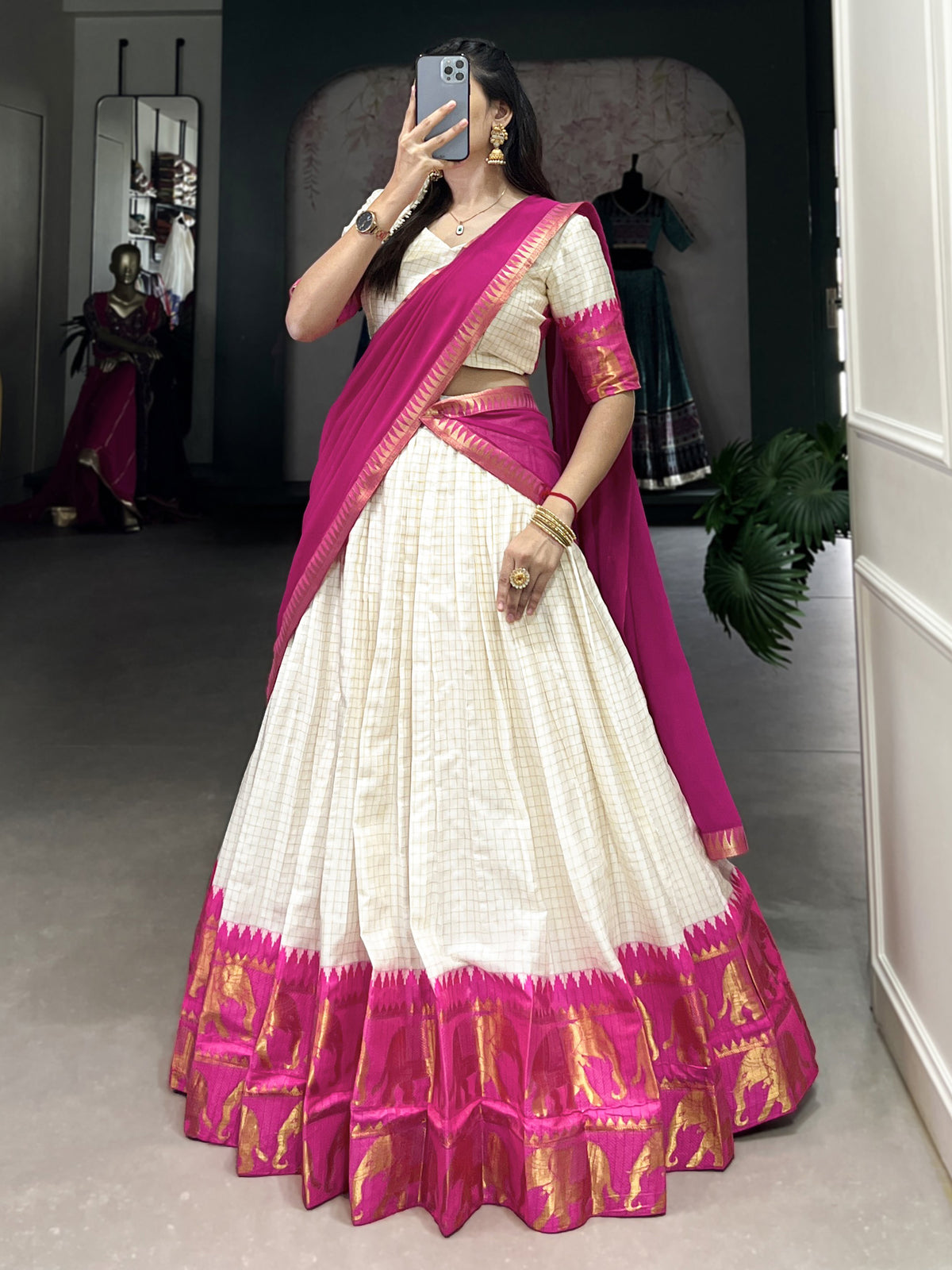 Captivating Rani Pink Zari Weaving Cotton Wedding Wear Half Saree Lehenga