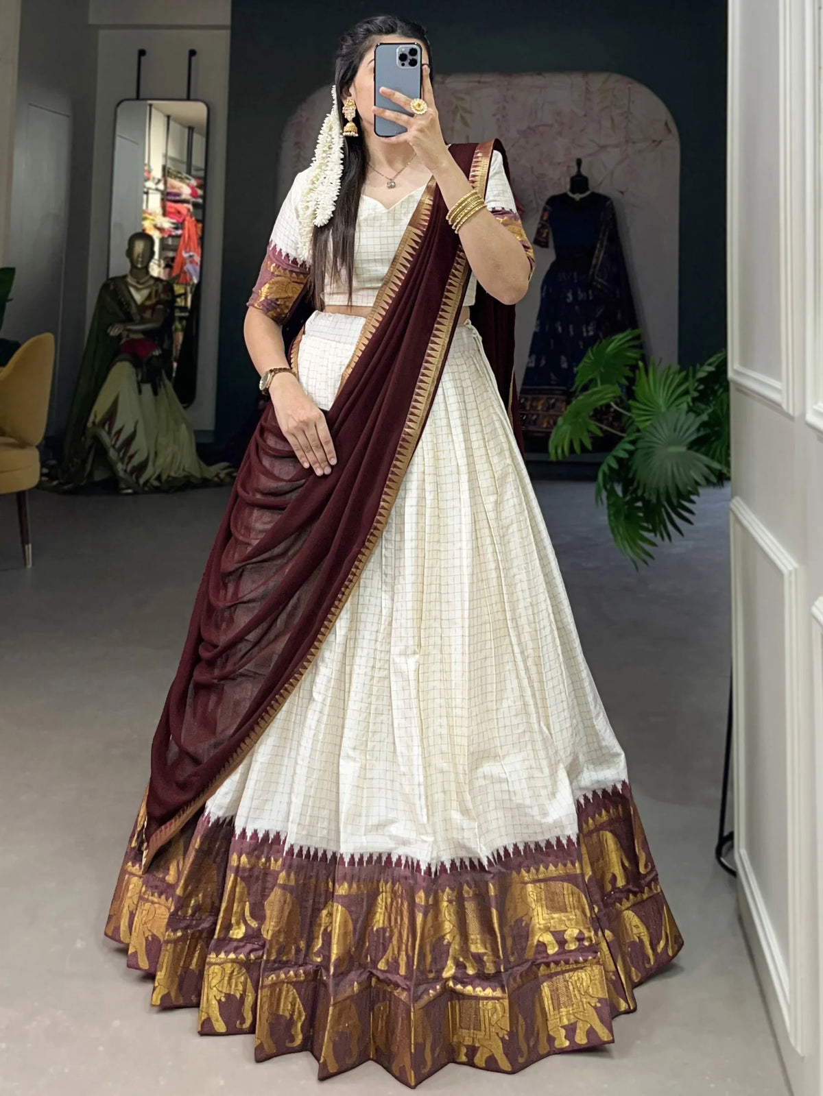 Dazzling Off-White Zari Weaving Cotton Festive Wear Half Saree Lehenga