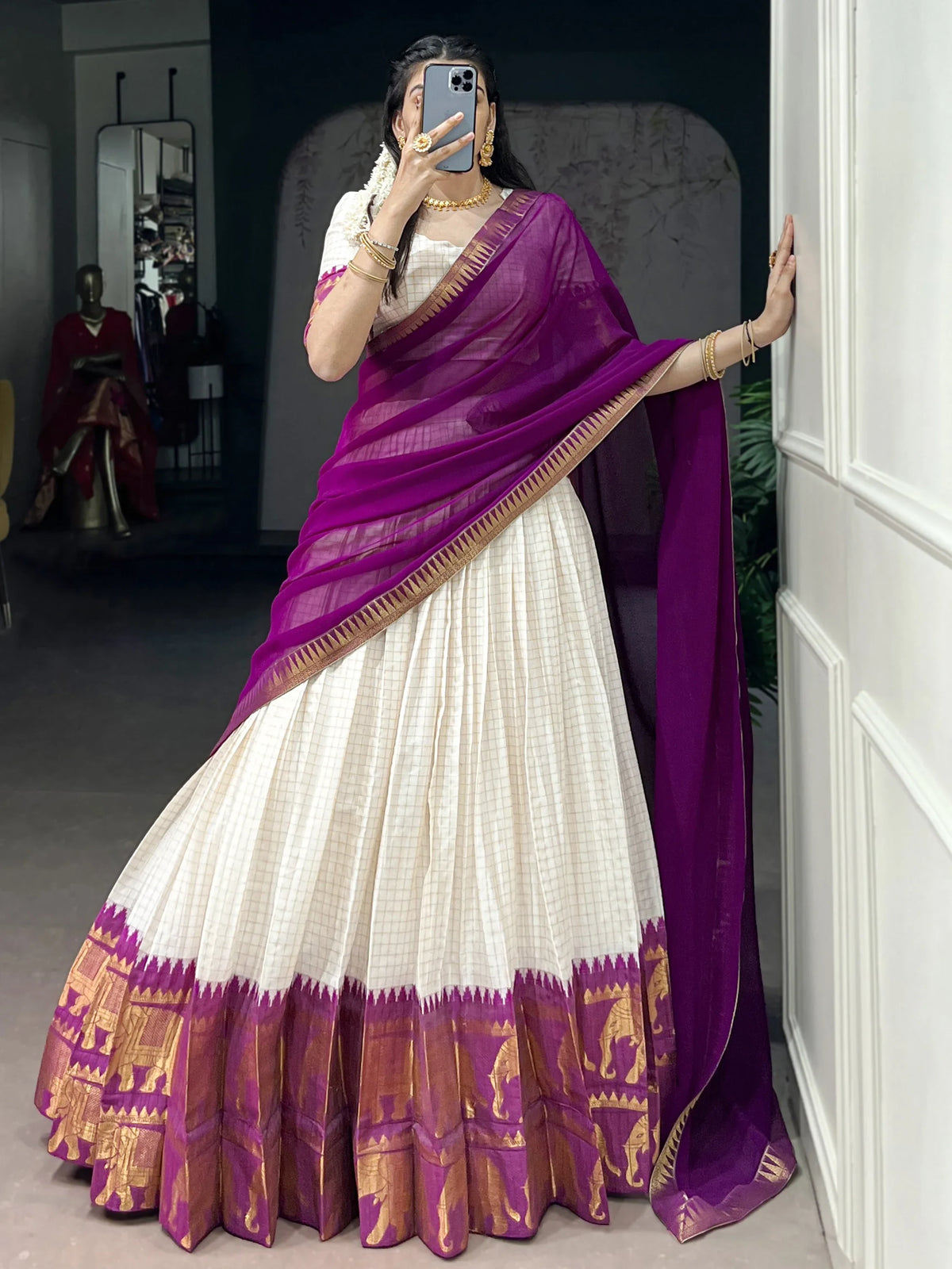 Impressive Wine Zari Weaving Cotton Half Saree Lehenga