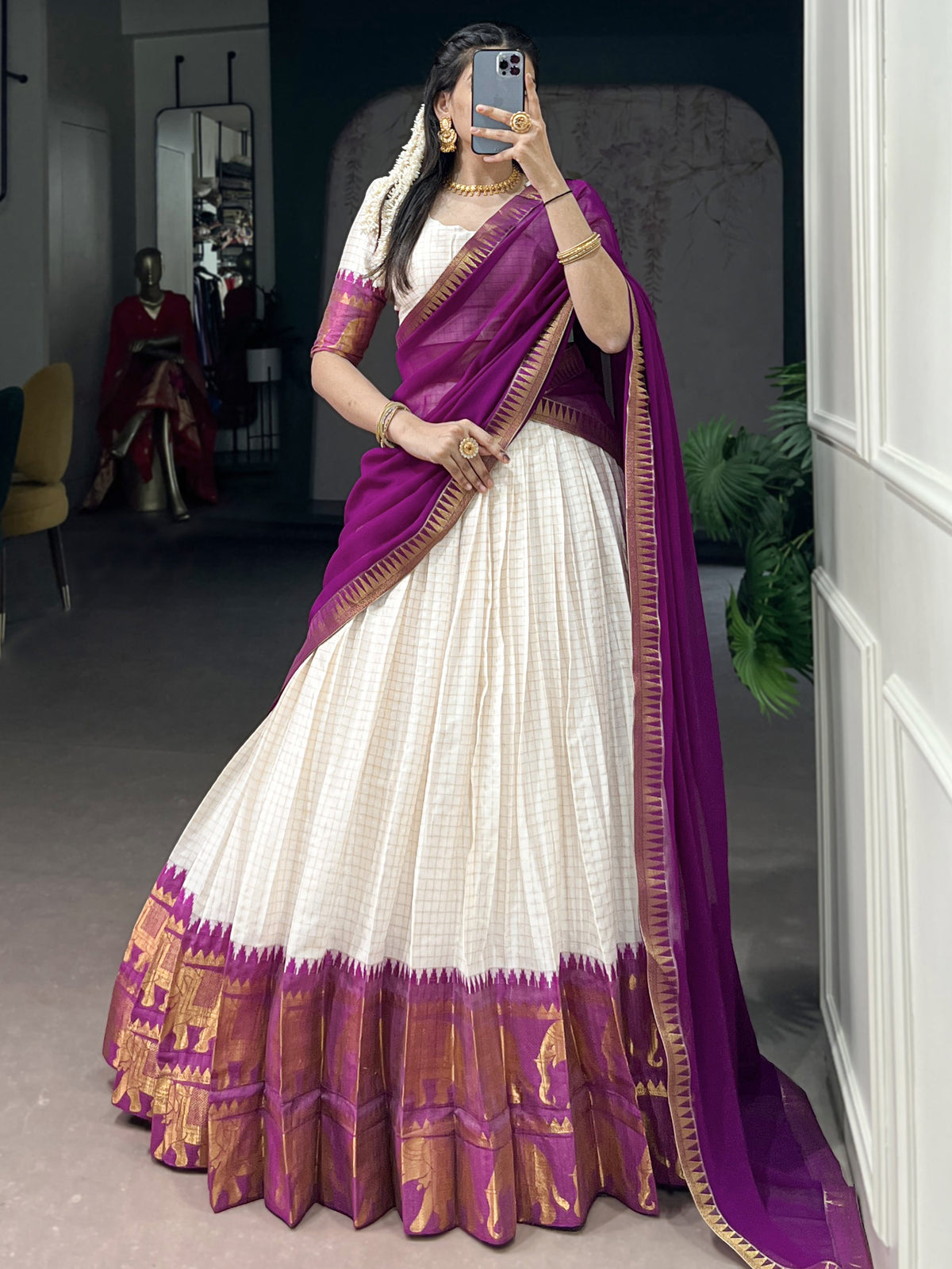 Impressive Wine Zari Weaving Cotton Half Saree Lehenga