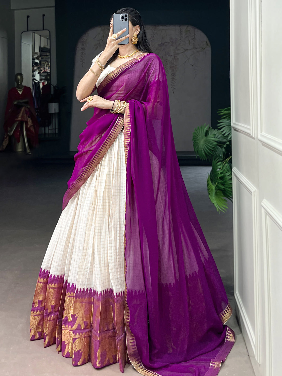 Impressive Wine Zari Weaving Cotton Event Wear Half Saree Lehenga