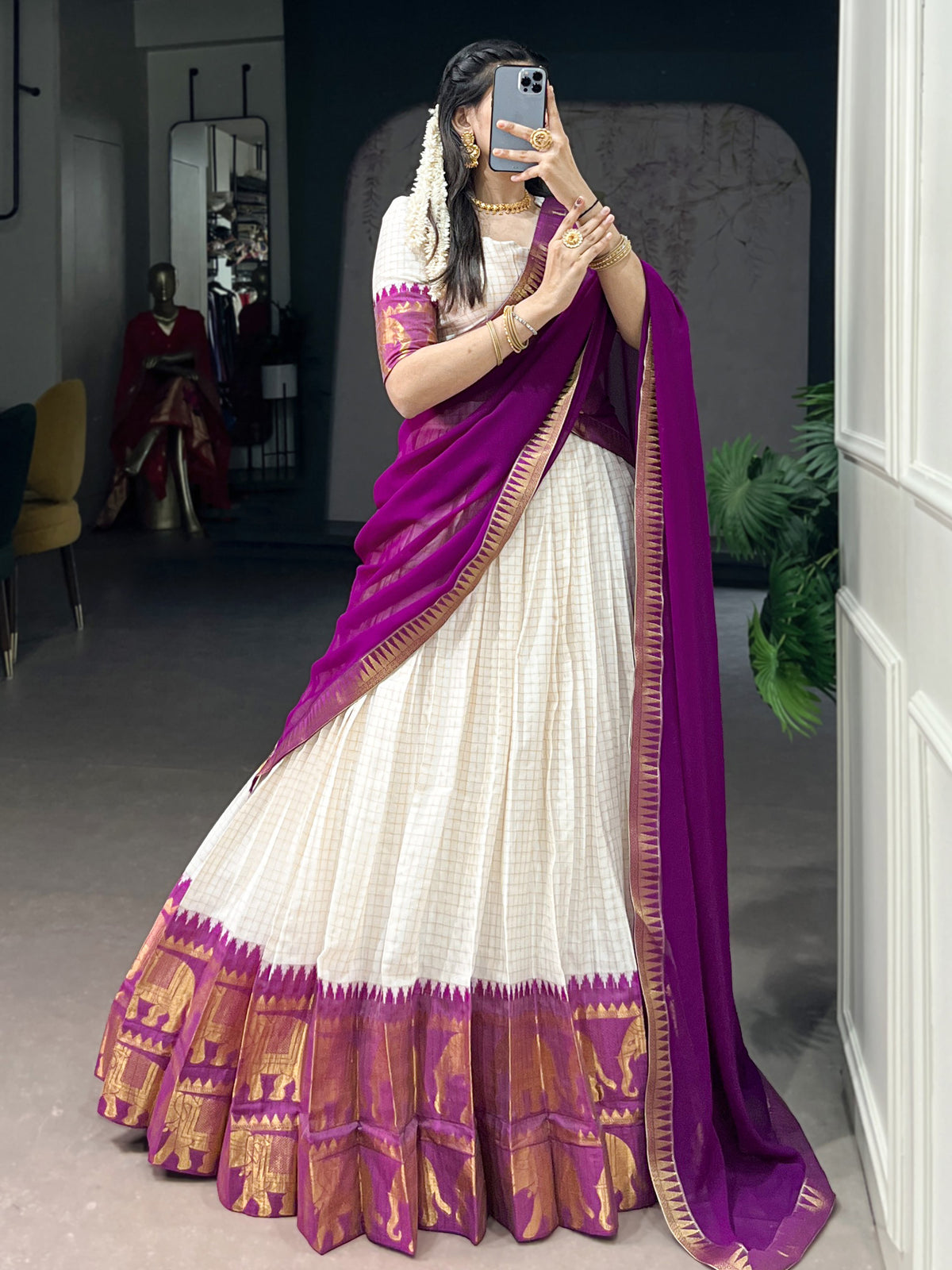 Impressive Wine Zari Weaving Cotton Event Wear Half Saree Lehenga
