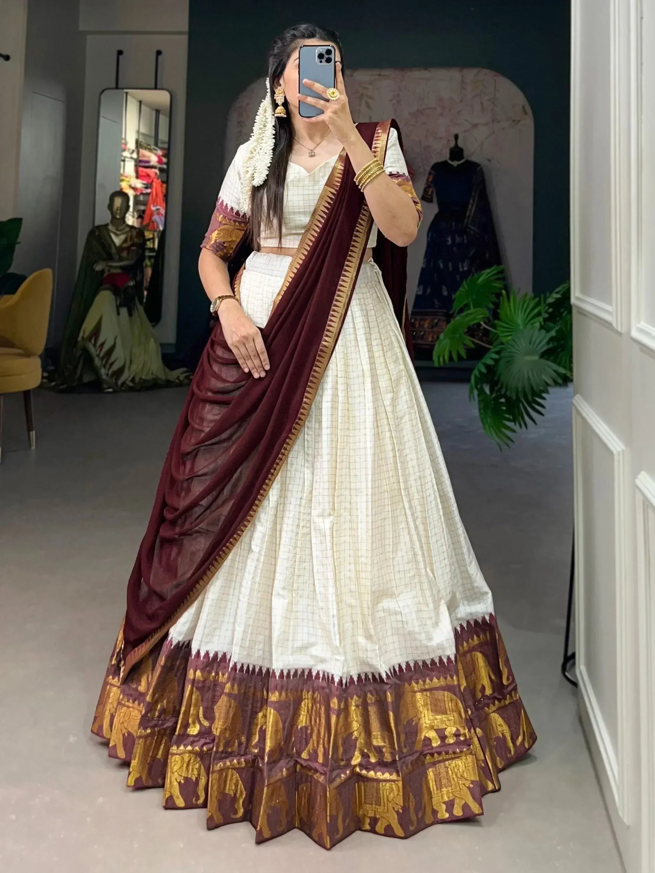 White and maroon lehenga choli with elephant print border, ethnic Indian wear for women