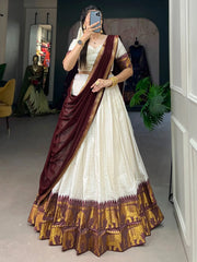 Outstanding White Zari Weaving Cotton Traditional Lehenga Choli