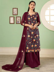 Charming Wine Sequins Embroidered Georgette Palazzo Suit