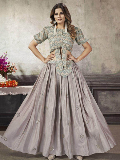 Beauteous Grey Sequined Silk Ready-To-Wear Crop-Top Lehenga