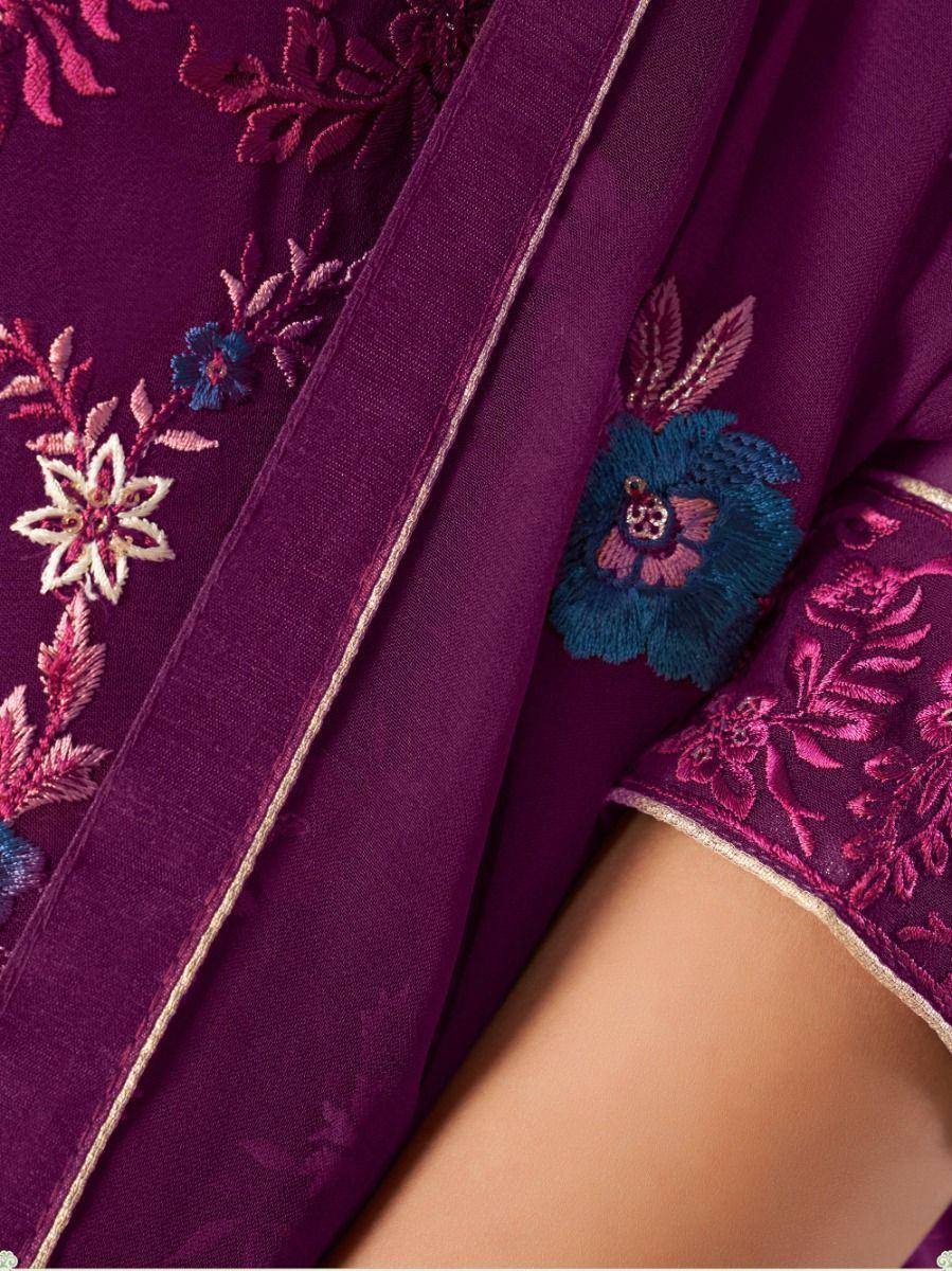 Purple ethnic wear fabric with floral embroidery and gold trim detail