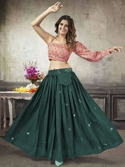 Exquisite Bottle-Green Sequined Silk Ready-To-Wear Crop-Top Lehenga