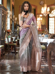 Great Purple And Grey Printed Organza Festive Wear Saree With Blouse