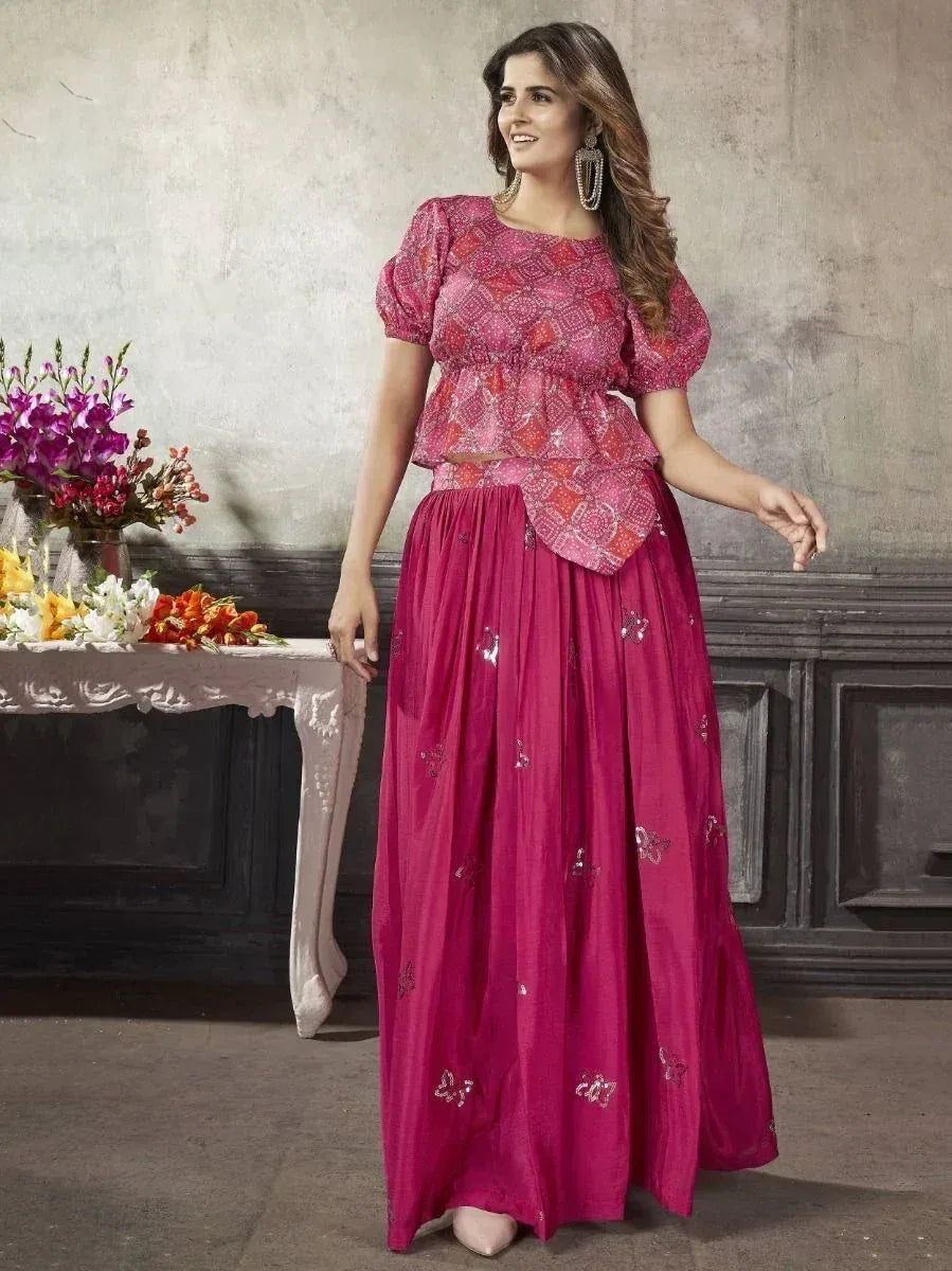 Pink printed peplum top with embroidered skirt, Indian ethnic wear for women