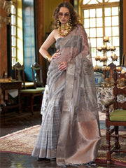Enchanting Grey Printed Organza Party Wear Saree With Blouse