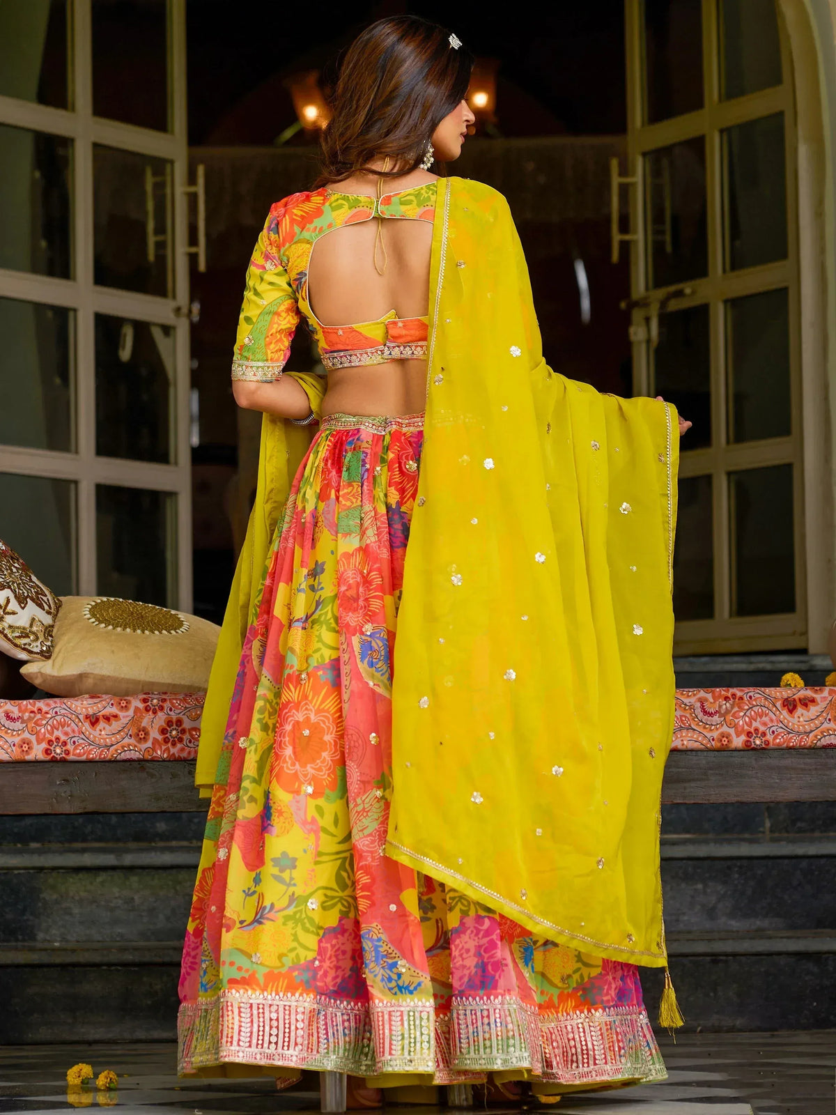 Vibrant floral lehenga choli with yellow dupatta, perfect for Indian ethnic wear and festive occasions.