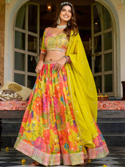 Precious Yellow Floral Printed Organza Haldi Wear Lehenga Choli