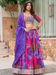 Classic Purple Floral Printed Organza Bridesmaid Lehenga Choli