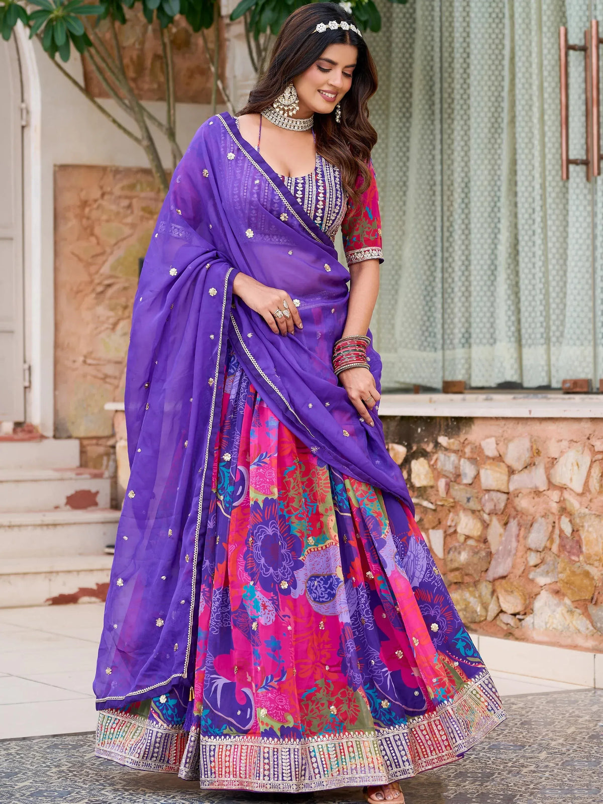 Purple floral print lehenga choli with embroidered dupatta, Indian ethnic wear for women