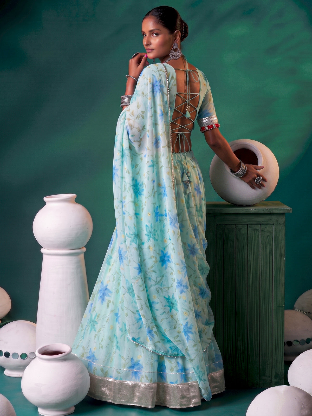 Magnetic Sky Blue Floral Printed Silk Festive Wear Lehenga With Blouse