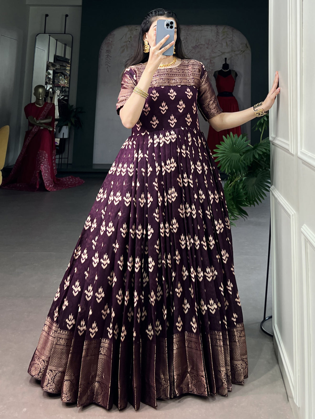 Captivating Wine Zari Weaving Cotton Traditional Gown