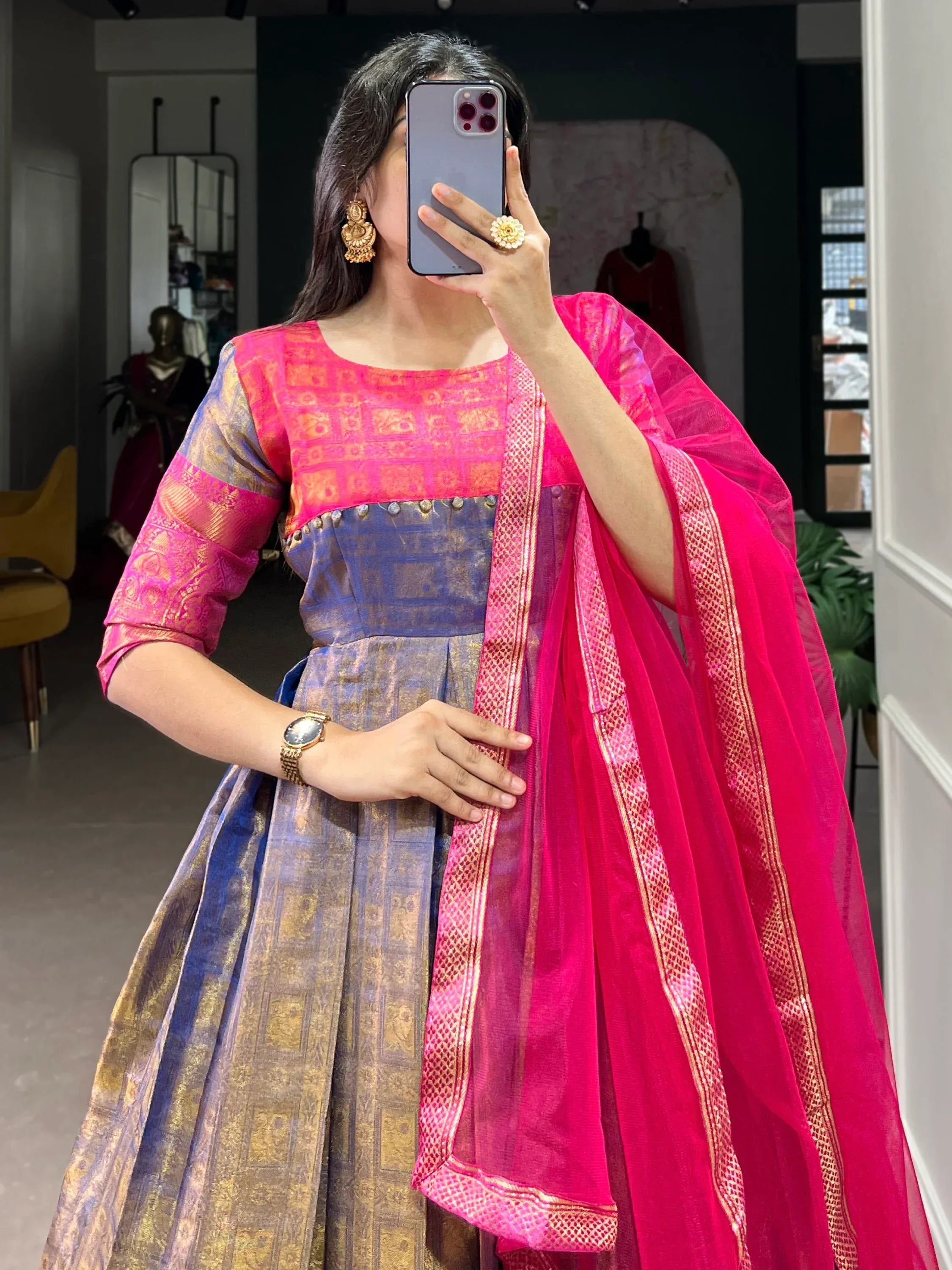 Timeless Blue Zari Weaving Silk Festive Wear Gown With Dupatta