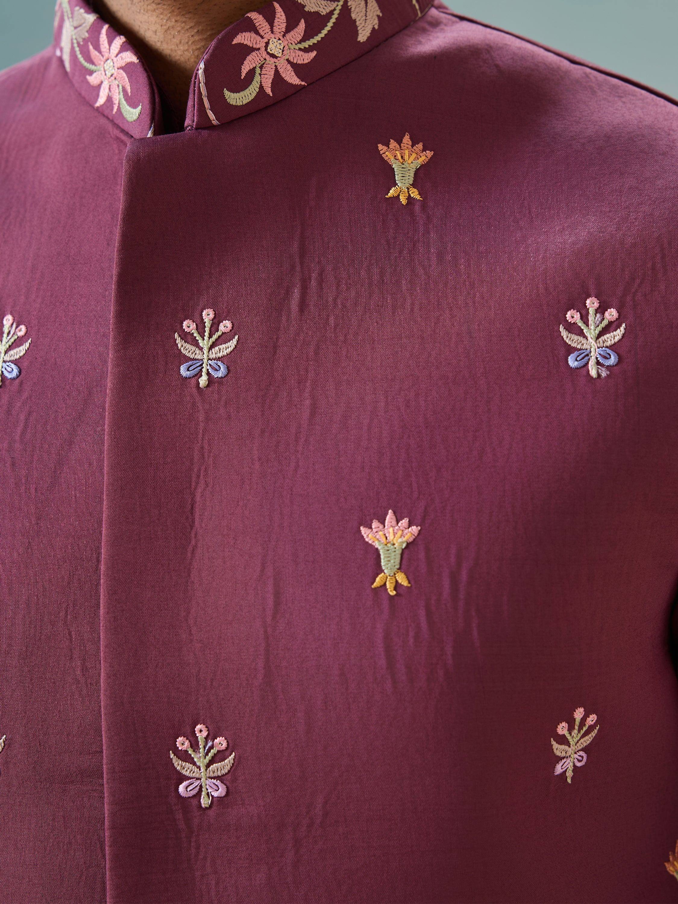 Maroon ethnic kurta with floral embroidery, perfect for Indian festive wear and traditional occasions.