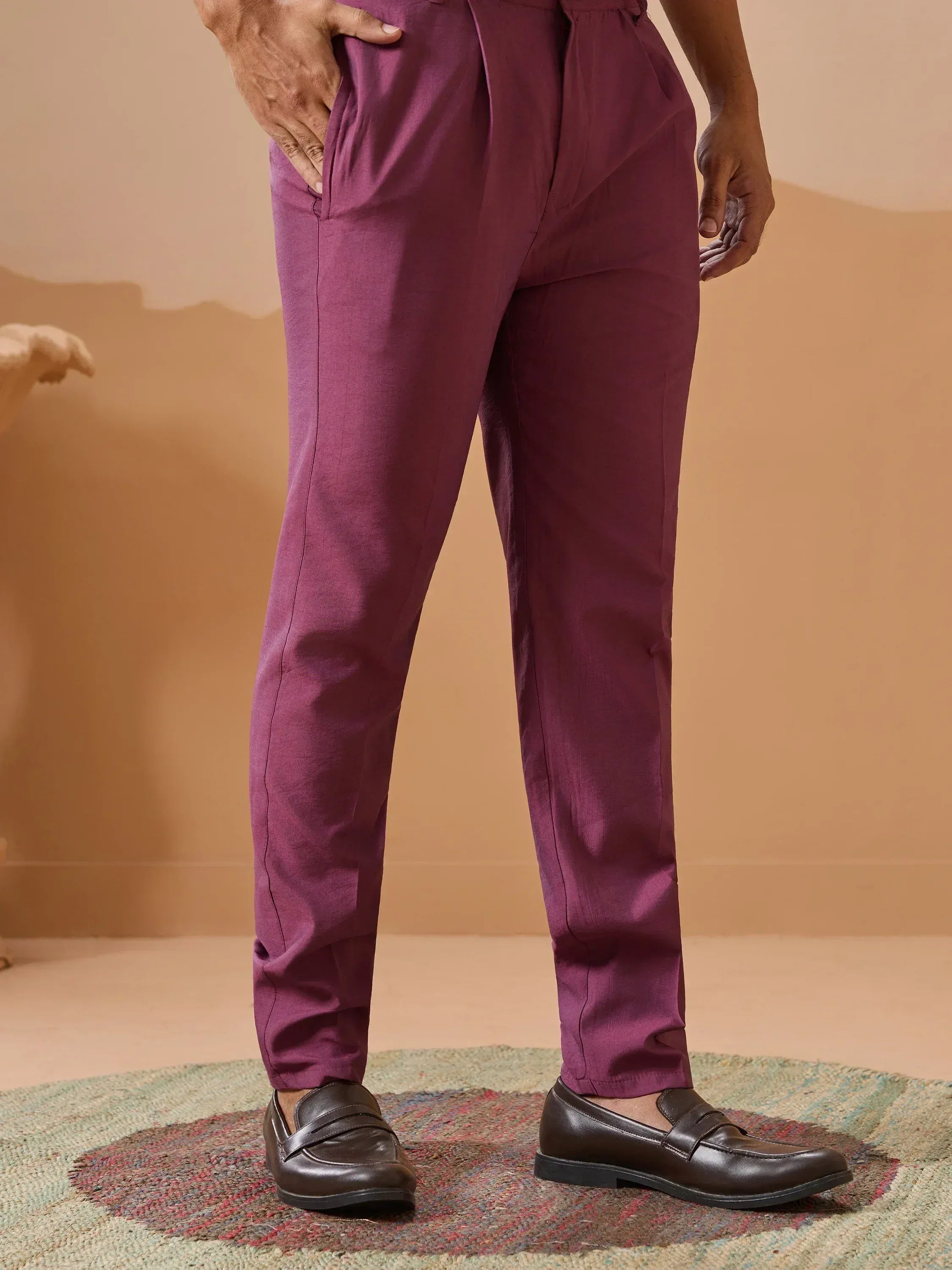 Purple ethnic trousers paired with brown loafers, ideal for traditional Indian wear