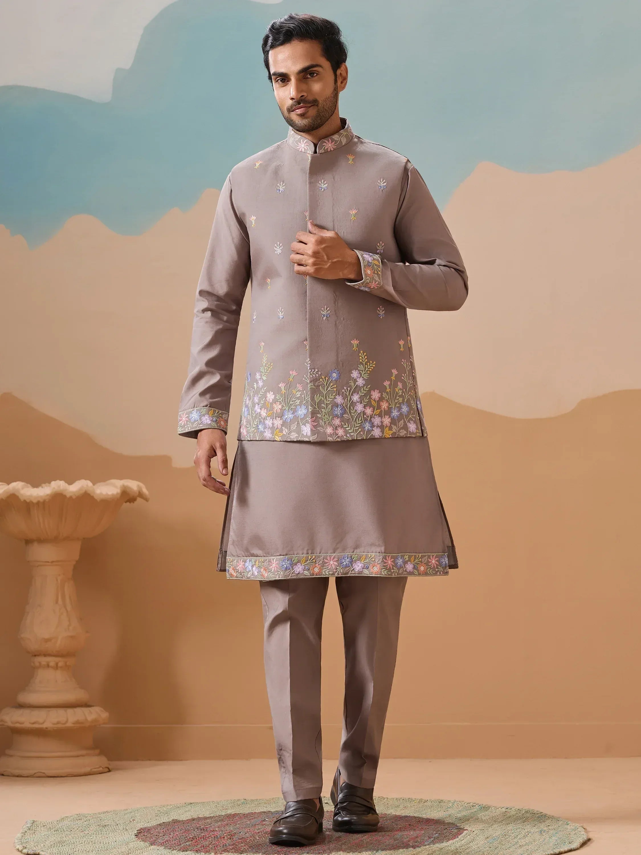 Men's ethnic kurta set with floral embroidery, perfect for Indian festive occasions