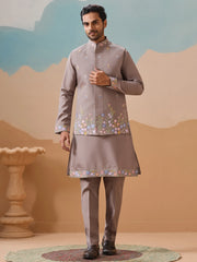 Tantalizing Grey Sequins Viscose Engagement Wear Men Kurta With Pant And Jacket