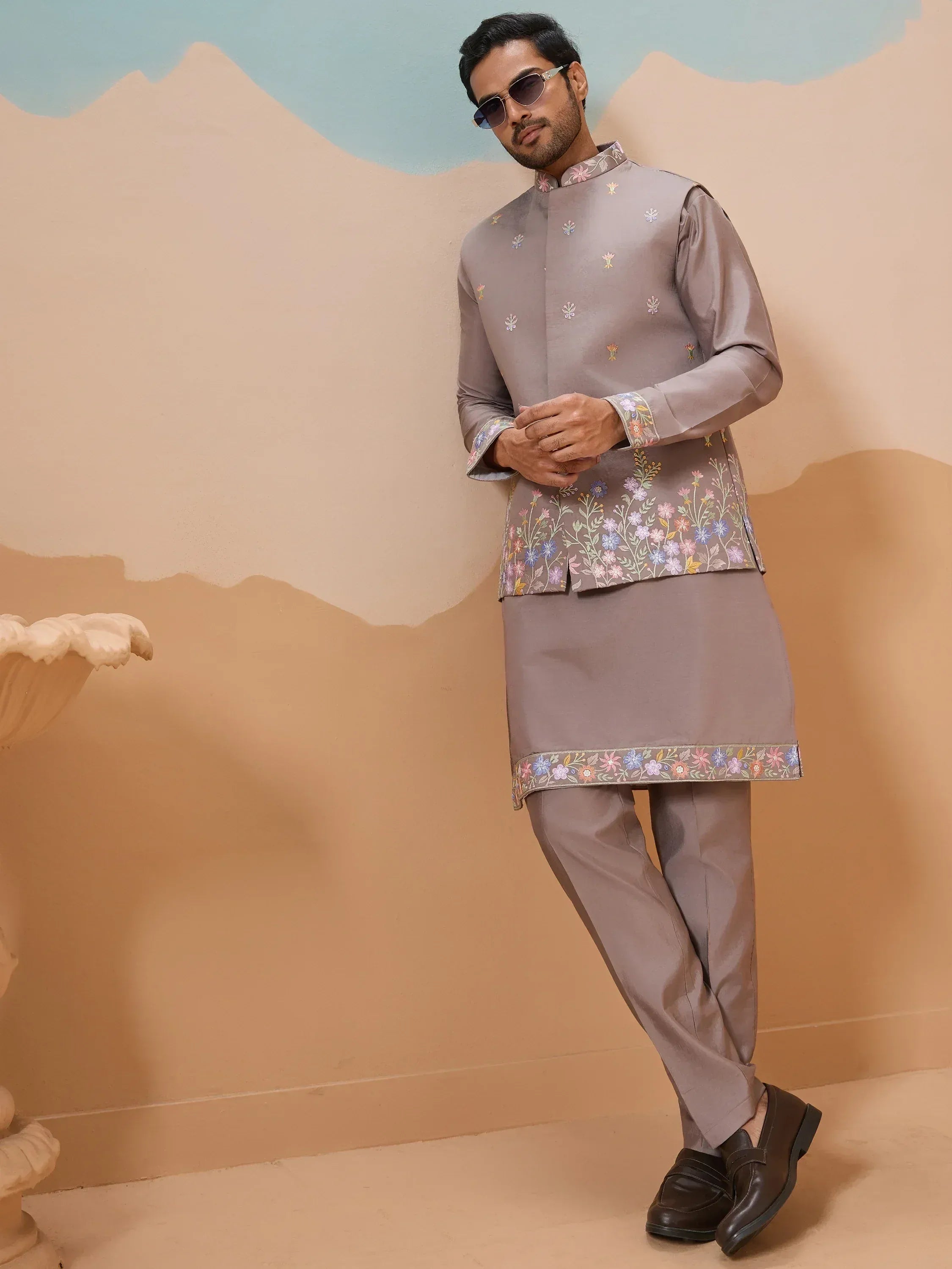 Grey floral embroidered kurta set with matching pants, perfect for Indian ethnic wear occasions.